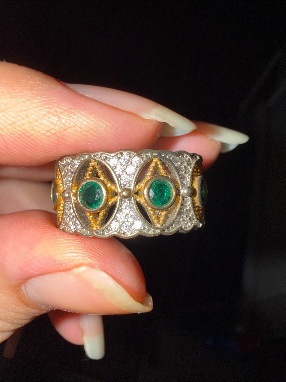 Vintage-Inspired Gold & Silver Band Ring with Green Stones